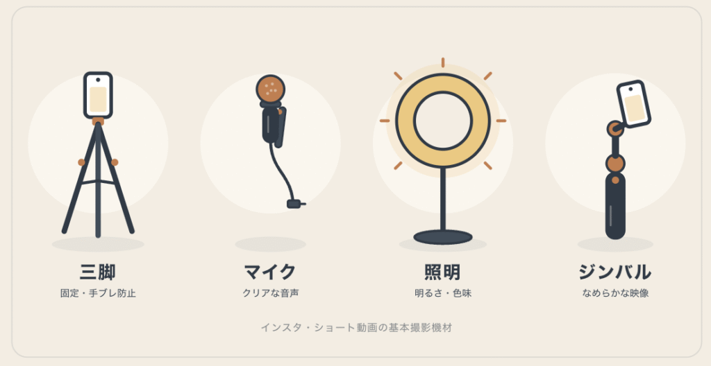 インスタやショート動画の撮影に使う基本機材4点を並べたイラスト。左から、スマホを固定する三脚、衣服に留めて使うクリップ式の小型ピンマイク、明るさを補うリング照明、手ブレを抑えるジンバルを描いている。