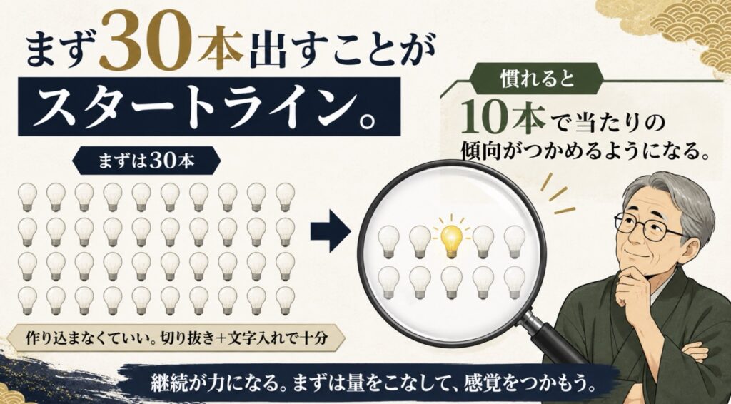 「まず30本出すことがスタートライン。」と大きく書かれた図解。左側に電球のアイコンが30個並び、右側に虫眼鏡の中で1つだけ光る電球のイラスト。「慣れると10本で当たりの傾向がつかめるようになる」「作り込まなくていい。切り抜き＋文字入れで十分」「継続が力になる。まずは量をこなして、感覚をつかもう。」のテキストつき。