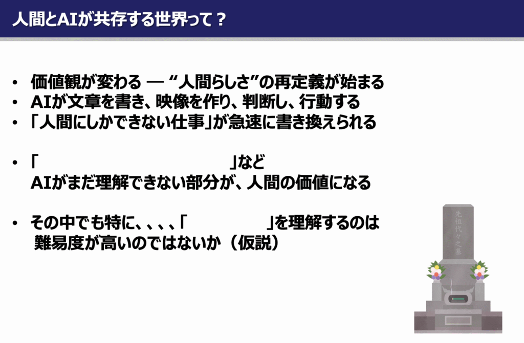 セミナースライド：「人間とAIが共存する世界って？」というタイトルのスライド。価値観が変わり"人間らしさ"の再定義が始まる、AIが文章を書き映像を作り判断し行動する、「人間にしかできない仕事」が急速に書き換えられる、という3点が記載されている。また、喜怒哀楽などAIがまだ理解できない部分が人間の価値になること、特に宗教観や死を理解するのは難易度が高いという仮説が示されている。右下にお墓のイラスト。