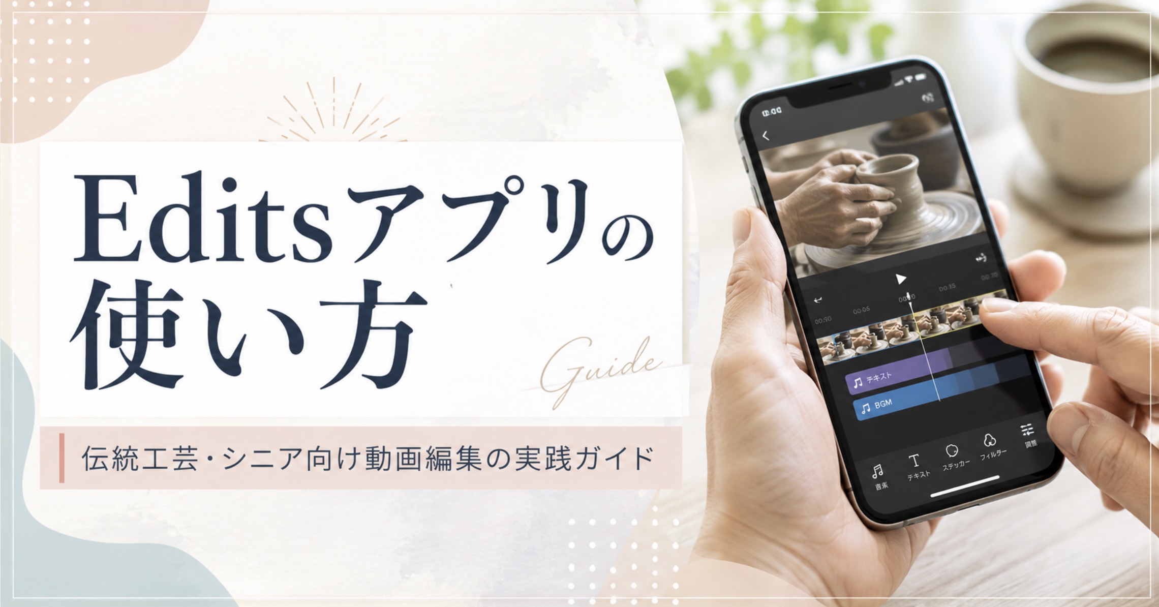 Editsアプリの使い方|伝統工芸・シニア向け動画編集の実践ガイド。スマートフォンでEditsの編集画面を操作する手元の写真と、陶芸の動画クリップが映し出されている