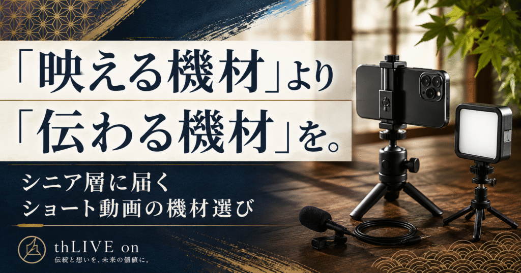 木目の机にスマートフォン、照明、マイクなどのショート動画撮影機材を配置し、「映える機材」より「伝わる機材」を。シニア層に届くショート動画の機材選び、というタイトルを大きく表示した和風で上質なサムネイル。