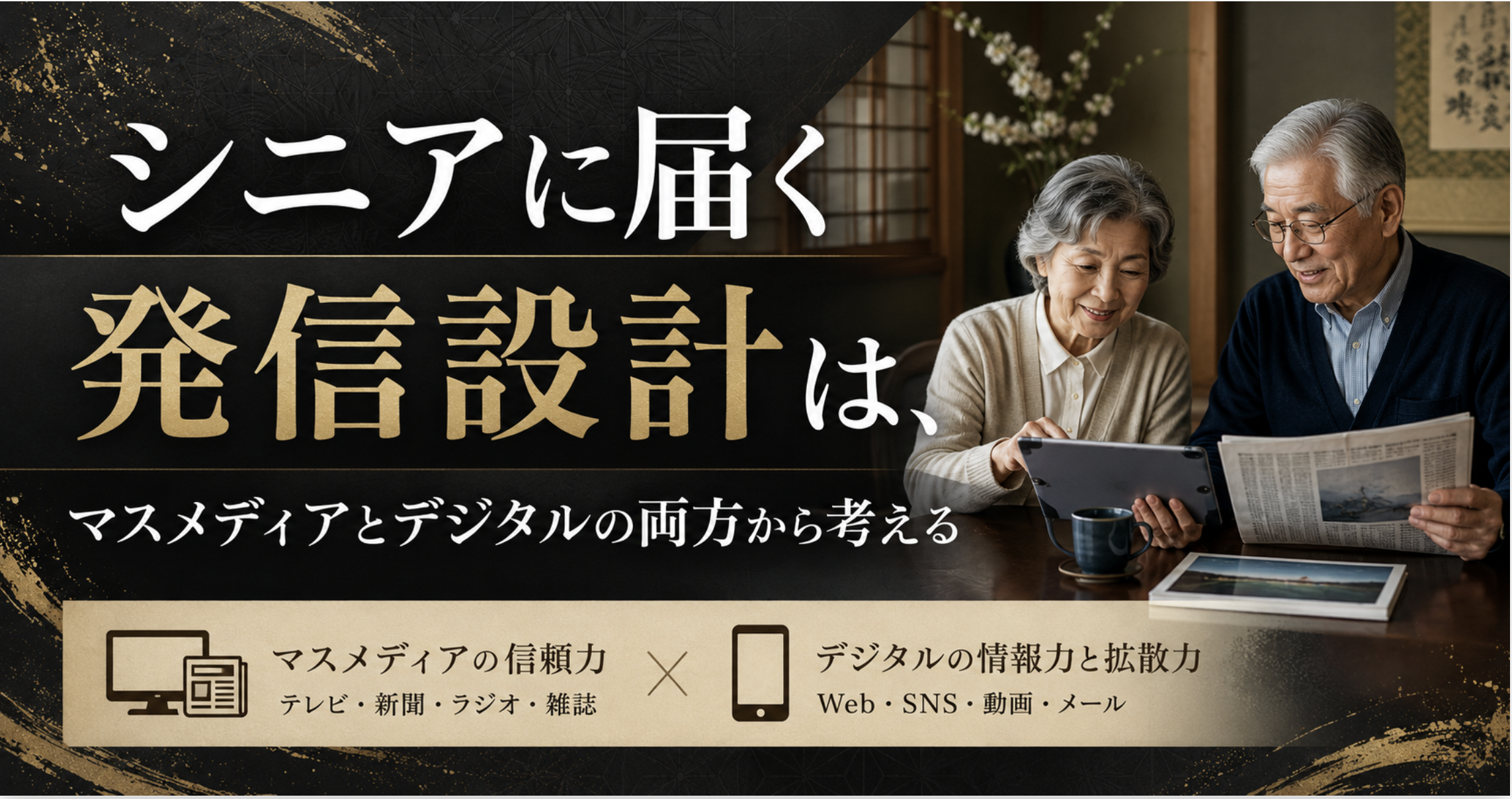 シニア女性がスマートフォンを手に、新聞とラジオが置かれた机で情報に触れている様子を描いたイラスト。左側には「シニアに届く発信設計は、マスメディアとデジタルの両方から考える」というタイトルを大きく配置し、マスメディアとデジタルを組み合わせたシニア向け情報発信の重要性を表現している。